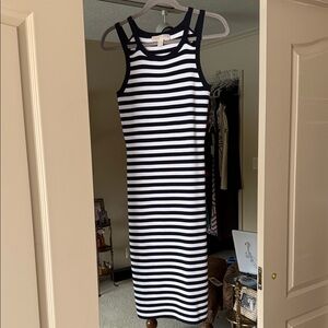 Michael Kors Navy and White Striped Midi Dress